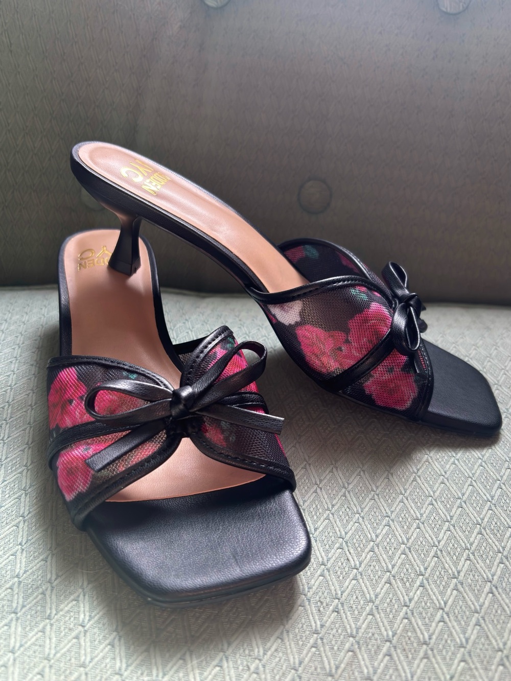Madden NYC Black Floral Mesh Bow Kitten Heels
